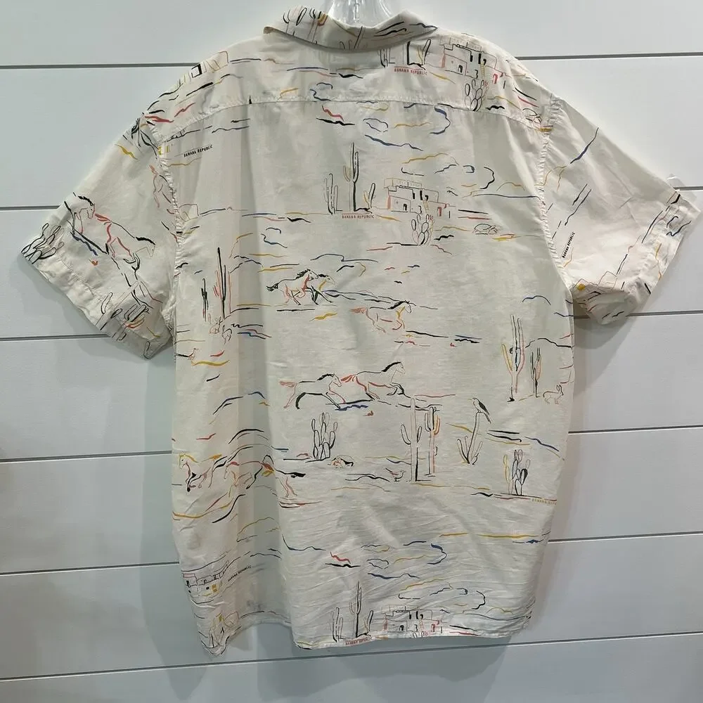 Banana Republic Relaxed Fit Organic Cotton Button Down‎ Shirt Western Print XL